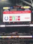 Scoreboard at Lucas Oil Stadium announcing teacher donation with Coca-Cola Consolidated’s “BIG HEARTS. Mini cans.” program
