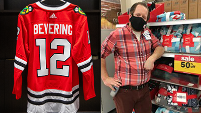 a red hockey jersey with the number 12 and the last name “Bevering” is displayed next to a photo of a white man in a plaid shirt with his elbow up on a Meijer shelf with a sale sign.