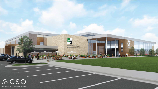 A digital rendering of the proposed wellness center shows a modern building complete with an aquatic center for local schools and lots of outdoor seating.