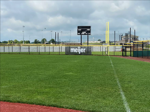 Meijer sign on fence of Grand Park baseball field