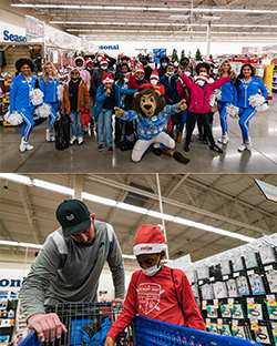 first photo, Detroit Lions players, cheerleaders and mascot with group of local kids at Detroit Meijer 2022 Shop with a Lion event. Second photo, Detroit Lions player shops helps local child fill his cart at 2022 Shop with a Lion holiday event at Meijer