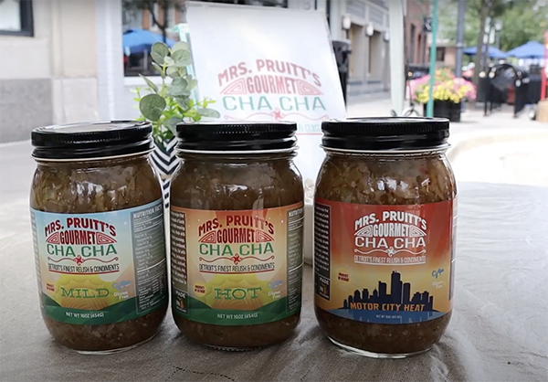 Three jars of Mrs. Pruitt’s Gourmet Cha Cha in mild, hot and motor city heat flavors