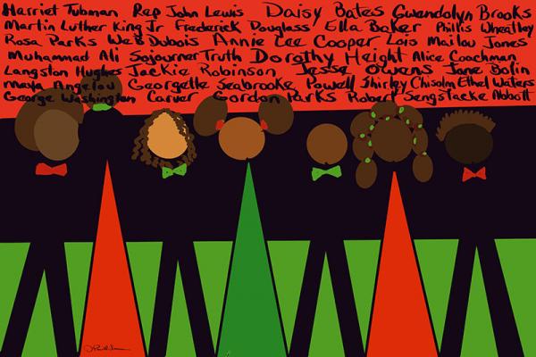 Dana Powell-Smith’s art depicting “triangle people” of various deep skin tones and hairstyles in front of a red, green and black backdrop with the names of key Black Historical figures written out
