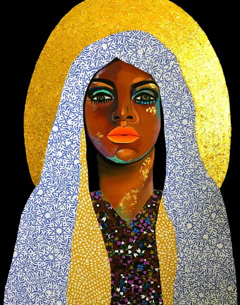 Shaunt’e Lewis’s art depicting a Black woman wearing a patterned head covering with a gold halo behind her