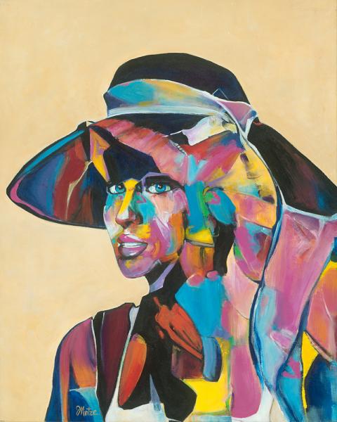 Abstract painting of a woman looking over her shoulder wearing a wide brim hat in bright colors 