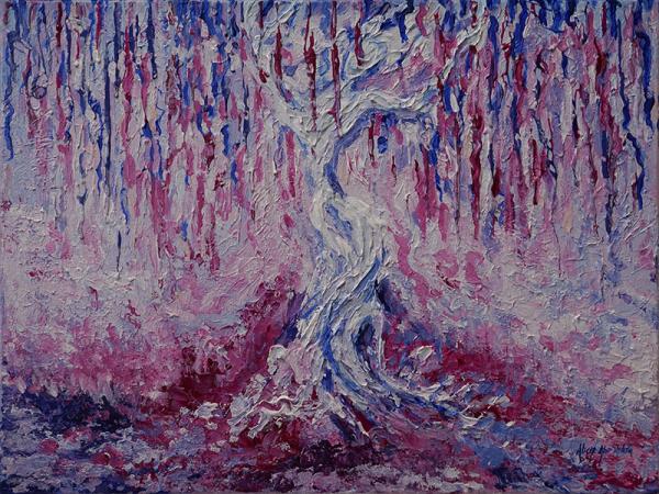 A willow tree painted abstractly in pinks and blues painted by Abeer Abo-Shihata
